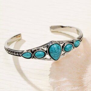 14K White Gold Womens Turquoise Cuff Bangle Bracelet Ladies 14 K Silver Jewelry